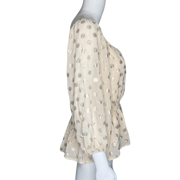 Mi Ami Shirt Womens Large Cream Shimmer Polka Dots Peplum Boho Bohemian Casual - Picture 2 of 10